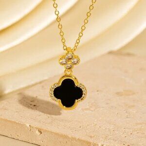 18K Gold Plated Black Quatrefoil Clover Pendant Necklace